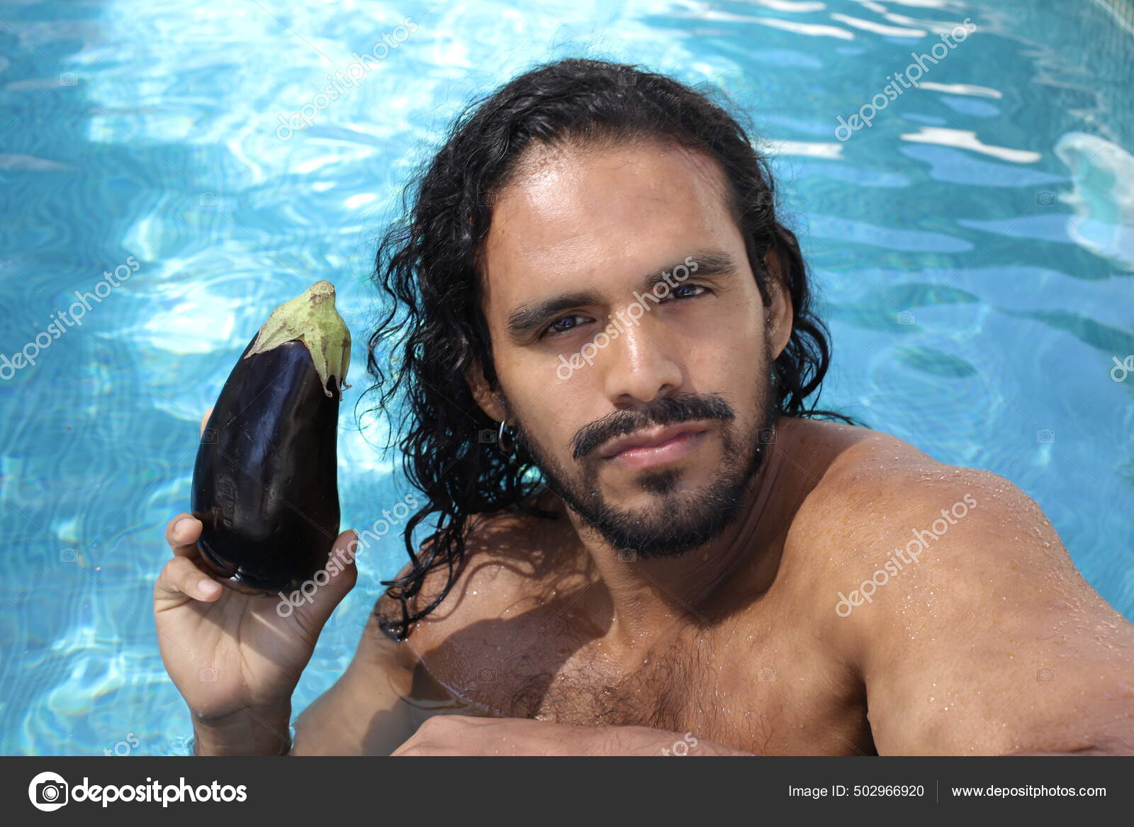 Close Portrait Handsome Young Mixed Race Shirtless Man Holding Eggplant