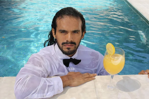 Close Portrait Handsome Young Mixed Race Man White Wet Shirt — Stock Photo, Image