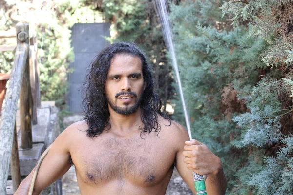 Close Portrait Handsome Young Mixed Race Shirtless Man Holding Hosepipe — Stock Photo, Image