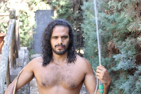 Close Portrait Handsome Young Mixed Race Shirtless Man Holding Hosepipe — Stock Photo, Image