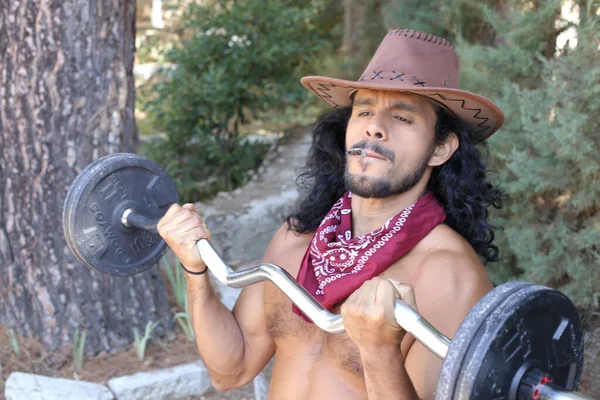 Close Portrait Handsome Young Mixed Race Shirtless Man Cowboy Hat — Stock Photo, Image