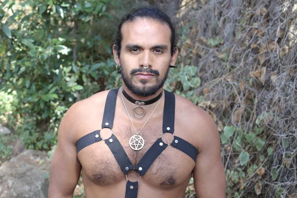 Close Portrait Handsome Young Mixed Race Shirtless Man Leather Harness — Stock Photo, Image