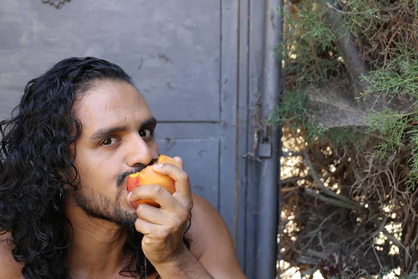 Close Portrait Handsome Young Mixed Race Shirtless Man Eating Peach — Stock Photo, Image