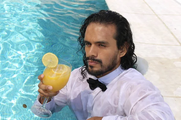 Close Portrait Handsome Young Mixed Race Man White Wet Shirt — Stock Photo, Image