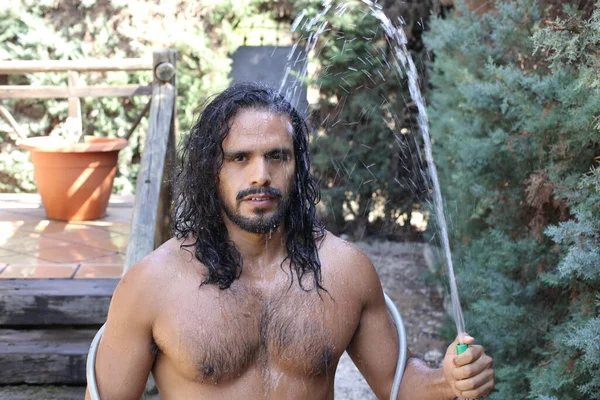 Close Portrait Handsome Young Mixed Race Shirtless Man Holding Hosepipe — Stock Photo, Image