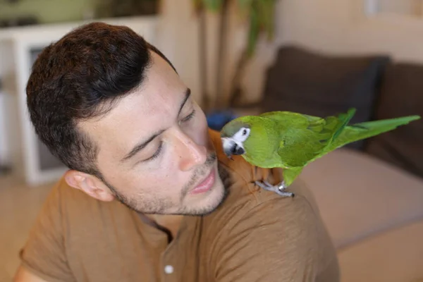 Primer Plano Retrato Guapo Joven Con Lindo Loro Casa — Foto de Stock