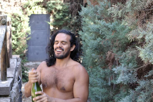 Close Portrait Handsome Young Mixed Race Shirtless Man Bottle Champagne — Stock Photo, Image