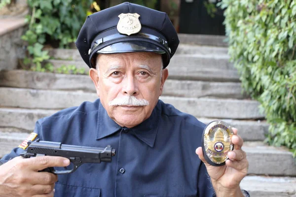Ritratto Ravvicinato Del Bell Uomo Anziano Costume Poliziotto Che Tiene — Foto Stock