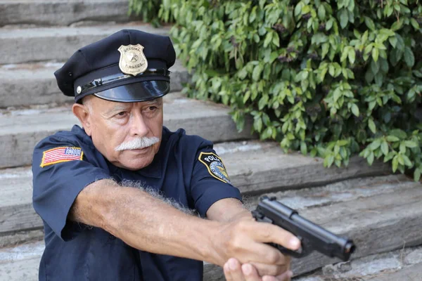 Primer Plano Retrato Hombre Mayor Guapo Traje Policía Armado Con — Foto de Stock