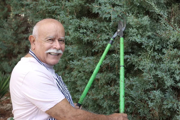Close Retrato Belo Jardineiro Sênior Com Tesouras Corte Arbustos — Fotografia de Stock