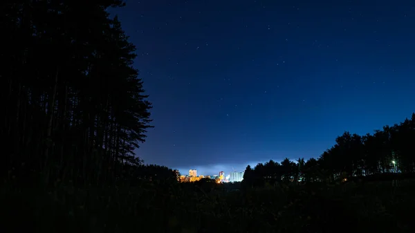 Sternenhimmel Der Nacht Waldlandschaft Die Lichter Der Stadt Hintergrund — Stockfoto