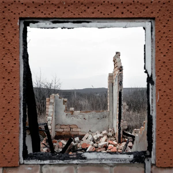 View Window Natural Landscape Destroyed Burnt Brick Structure Square Photo — Stock Photo, Image