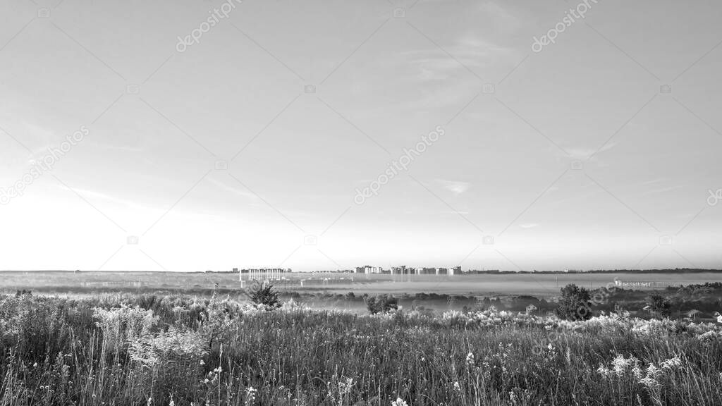 View of the city of Oryol in the morning at dawn in the fog, flowering field herbs in the foreground