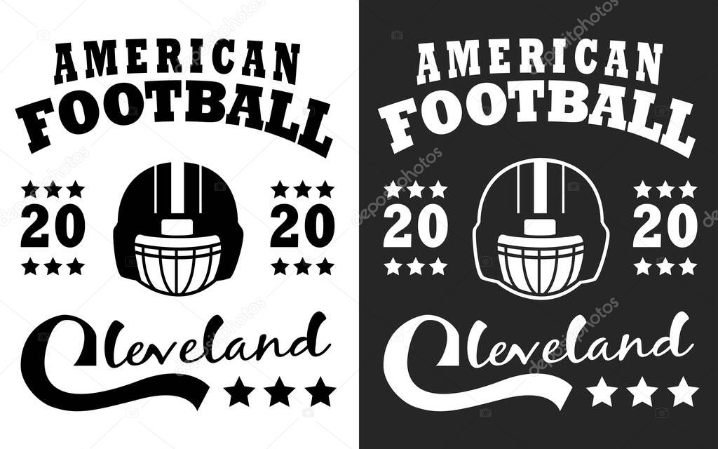 American football ball in black and white logo print isolated on white background.
