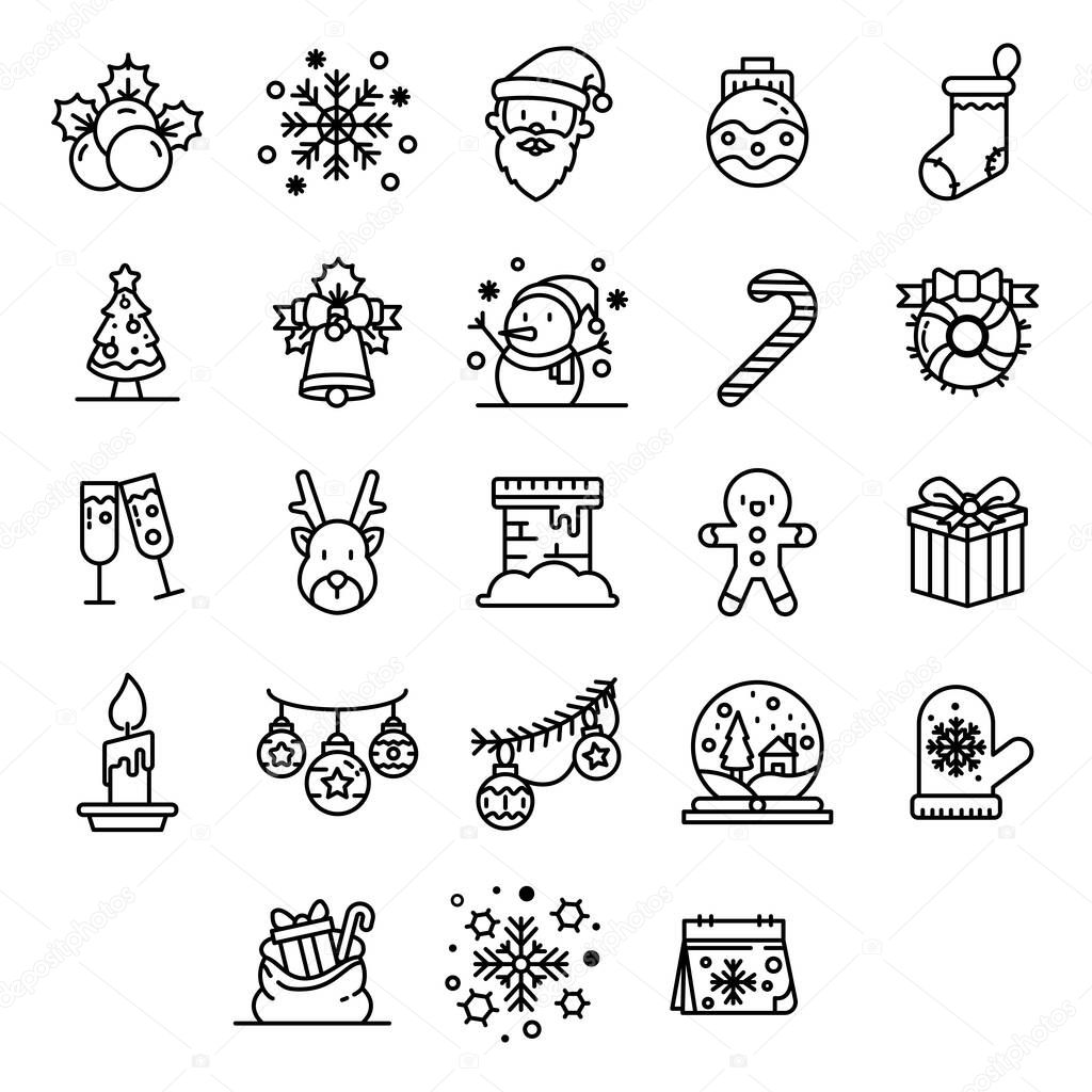 set christmas icons, new year holidays icon set in outline style collection