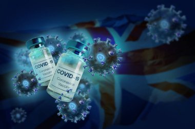 Arka planda Birleşik Krallık bayrağı olan yeni koronavirüs aşısı. İngiliz Tıbbi Araştırma ve Aşılama, 3 boyutlu resimleme