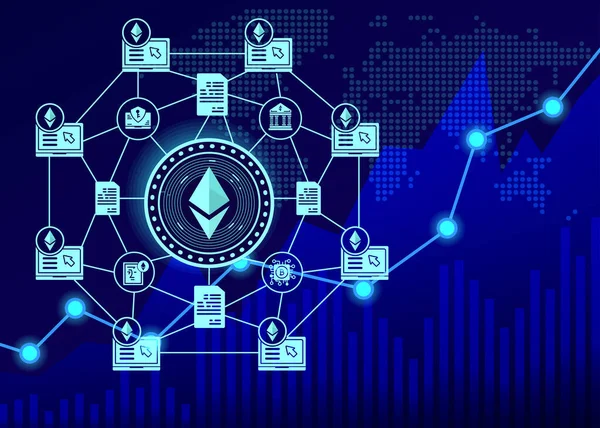 Koyu mavi soyut çokgen arka planda yerel finans. Engelleme zinciri kavramı, merkezsizleştirilmiş mali sistem 
