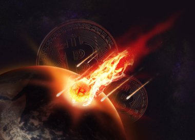 Bitcoin veya kripto para değerleri düşüyor, Bitcoin gökyüzünden bir asteroid şeklinde düşüyor.