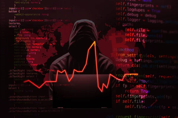 Kırmızı çizgi haritası Hacker bilgisayar siber güvenlik kodlamasına saldırıyor, bilgisayar üzerinde çalışan Hacker Bitcoins Crypto kodlaması yapıyor..