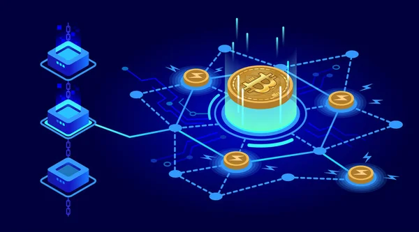 Bitcoin Lightningネットワーク通信 ブロックチェーン付きのゴールデンビットコイン ビットコイン暗号化技術 — ストックベクタ