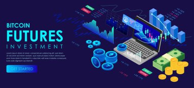 Bitcoin ticareti gelecek yatırımları engelleme teknolojisi dizüstü bitcoin etherium kriptocurency izometrik konsept. Soyut yüksek teknoloji geleceği 