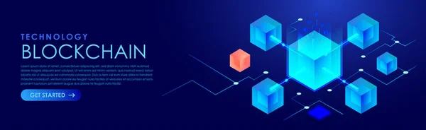 Blockchain konsept afişi. İzometrik dijital bloklar birbirleriyle bağlantı kurar ve kripto zincirini şekillendirir. Bloklar veya küpler, bağlantı rakamlardan oluşur. Soyut teknoloji geçmişi. Vektör illüstrasyonu 