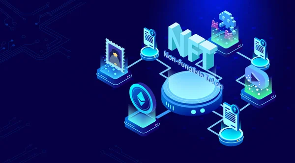 Koyu mavi arkaplan dijital sanat dosyaları, oyunlar, koleksiyonlar, müzik özgün kreasyonları üzerine NFT fonları olmayan jetonlar konsepti. - Evet. Isometric NFT ile 3D görüntüleme 