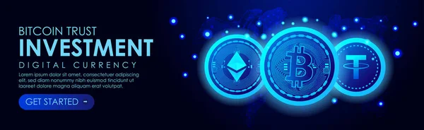 Banner Web Horizontal Con Bitcoin Etherium Tether Criptomoneda Fondo Azul — Vector de stock