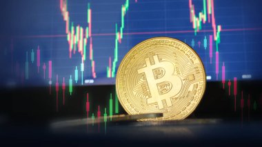 Madeni paralarda görünen finans hattı şeması, Yatırım ve ticaret Bitcoin sembolü, kırmızı ve yeşil çizgi grafik arka planı.
