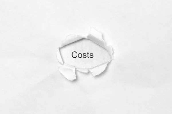 Word Náklady na bílé izolované pozadí přes otvor v ráně papíru. — Stock fotografie