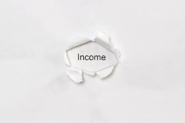 Word inkomst på vit isolerad bakgrund genom såret hålet i papperet. — Stockfoto