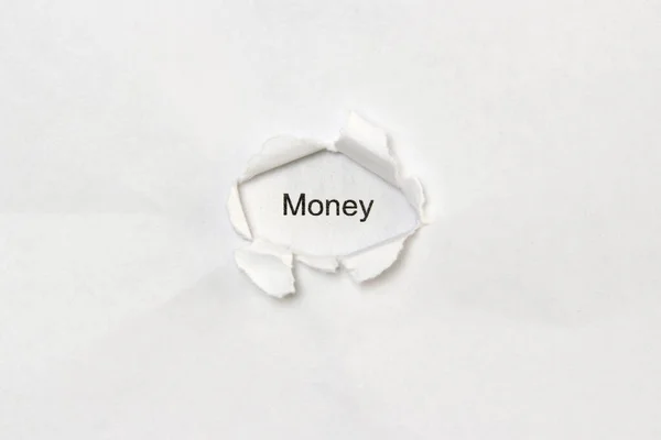 Dinheiro Palavra Fundo Isolado Branco Inscrição Através Buraco Ferida Papel — Fotografia de Stock