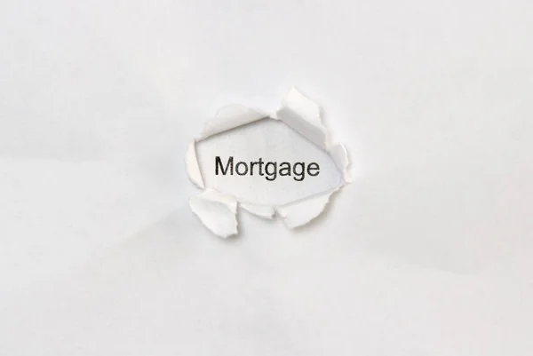 Word Mortgage White Isolated Background Inscription Wound Hole Paper Concept — Stock Photo, Image