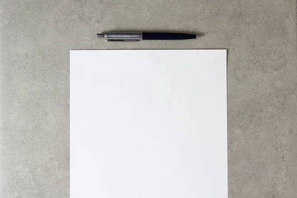 Modèle Papier Blanc Avec Stylo Bille Sur Fond Béton Gris — Photo