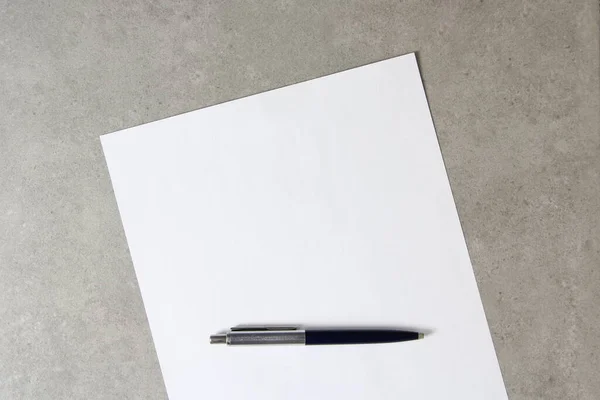 Modello Carta Bianca Con Penna Sfera Sfondo Grigio Chiaro Cemento — Foto Stock
