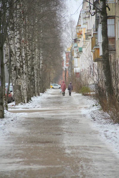 雪地的街道上 有两个人的轮廓 城市环境中 有没有叶子和砖房的桦树 网页和印刷品的库存照片 空白的文字和设计空间 — 图库照片