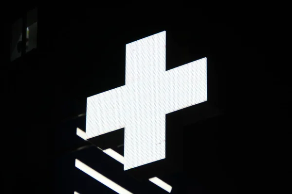 Glowing Pixel Cross Led Lamps Black Background White Cross Symbol — Stock Photo, Image