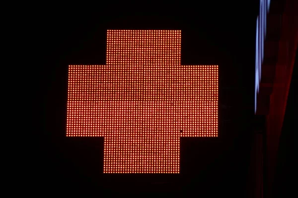 Glowing Pixel Cross Led Lamps Black Background Red Cross Symbol — Stock Photo, Image