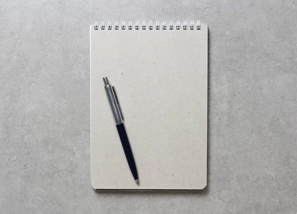 Spring Notebook Sheet Craft Paper Ballpoint Pen Light Grey Concrete — Stock Photo, Image
