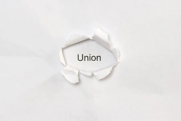 Unión Palabras Sobre Fondo Blanco Aislado Inscripción Través Del Orificio — Foto de Stock