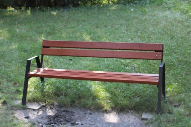 Kahverengi ahşap bank, temiz çizgileriyle, yemyeşil çimenler ve sakin bir parktaki ağaçların arasından süzülen yumuşak güneş ışığı arasında dinlenmek için bir yer sunar..