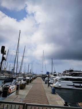 Palmiye ağaçları ve çizgili tentelerin bulunduğu canlı bir kafe, ziyaretçileri hareketli bir alışveriş meydanında ağırlayarak bulutlu gökyüzüne rağmen rahat bir atmosfer yaratıyor..