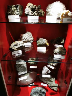 Bu ekran farklı jeolojik oluşumlardan gelen çeşitli mineral örnekleri içeriyor. Müze ışıkları altında eşsiz dokularını ve renklerini vurguluyorlar..