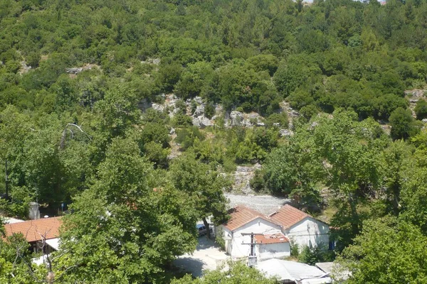 Yoğun ağaçların arasına yerleştirilmiş, sıcak güneş ışığıyla aydınlatılan sakin kırsal bir ortamda tuhaf evler topluluğu görülebilir..