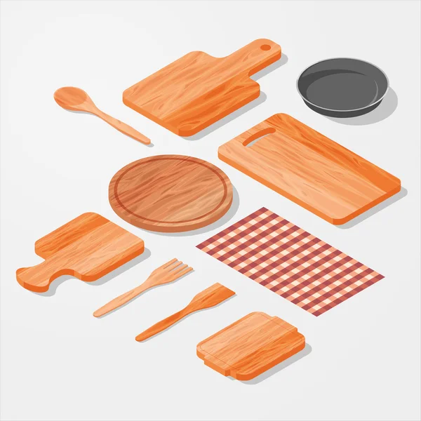 Деревянная плита для векторного набора продуктов питания. 3d Изометрическая иллюстрация . — стоковый вектор