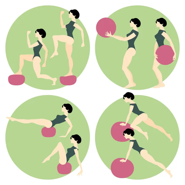 Fitness. Chica haciendo ejercicios con una pelota de medicina — Vector de stock