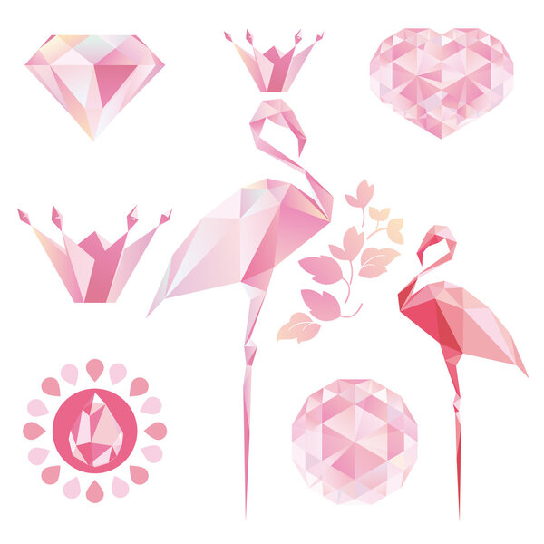 Кристально-розовое фламинго, бриллиант, корона, сердце, капля воды
