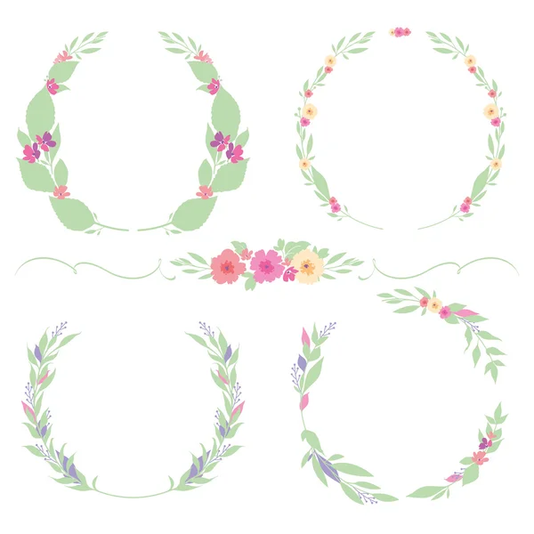 Set cornici floreali e bordo in colore pastello per matrimonio, foglie e fiori — Vettoriale Stock