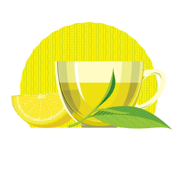 Листя зеленого чаю, чашка, склянка, лимон, плоска ілюстрація, набір — стоковий вектор