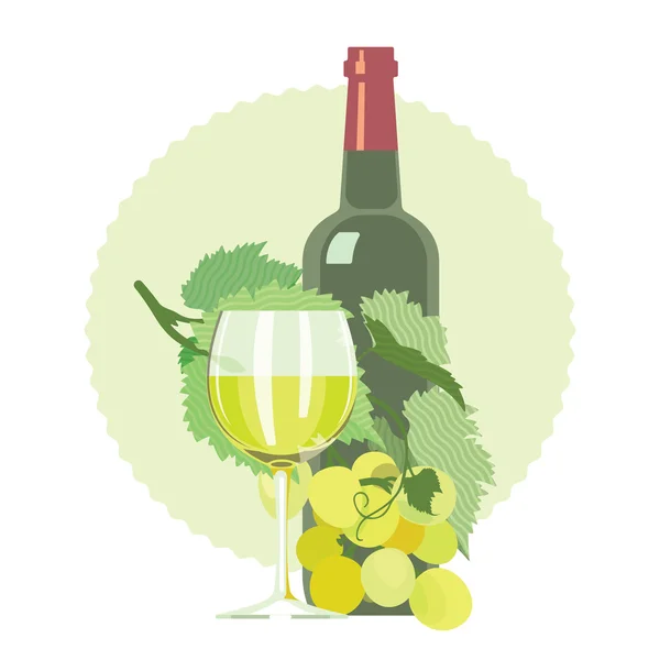 Copa de vino blanco, botella, uvas, ornamental, ilustración plana — Archivo Imágenes Vectoriales